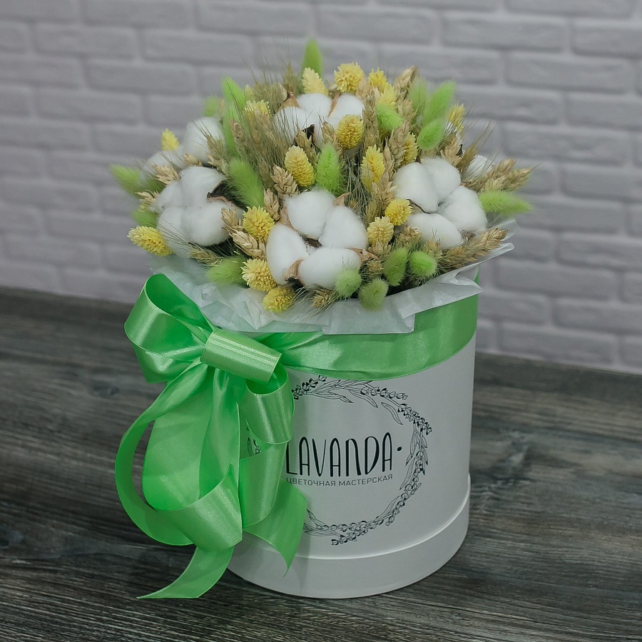 Коробочка зеленых сухоцветов с хлопком