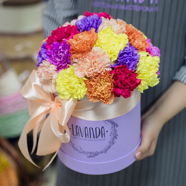 Разноцветные диантусы в коробке