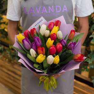 25 ярких тюльпанов в стильной пленке