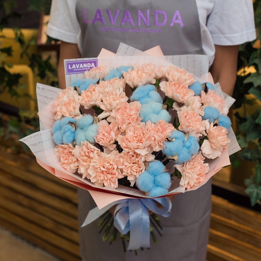 Диантусы с голубым хлопком