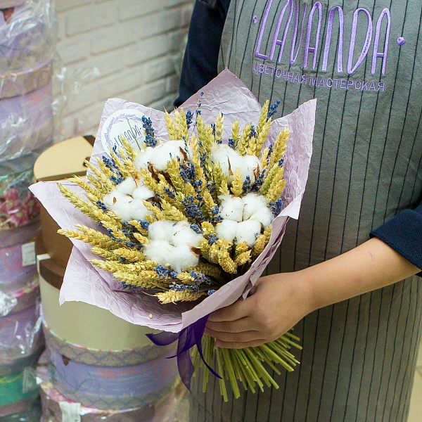 Букет с пшеницей, лавандой и хлопком