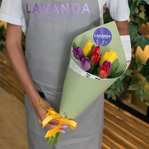 9 разноцветных тюльпанов в матовой пленке