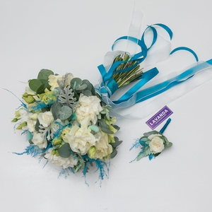 Букет невесты и бутоньерка с аспарагусом